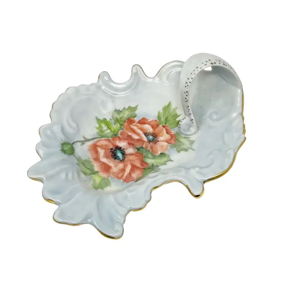 Vintage Pastel Blue Trinket Soap Jewelry Dish Red Poppies w Gold Trim 6 Inch MCM